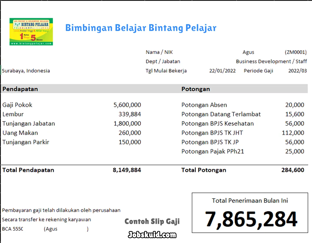 Slip Gaji Bimbingan Belajar Bintang Pelajar