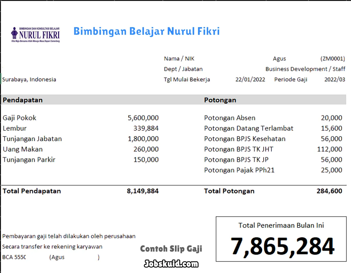 Slip Gaji Bimbingan Belajar Nurul Fikri