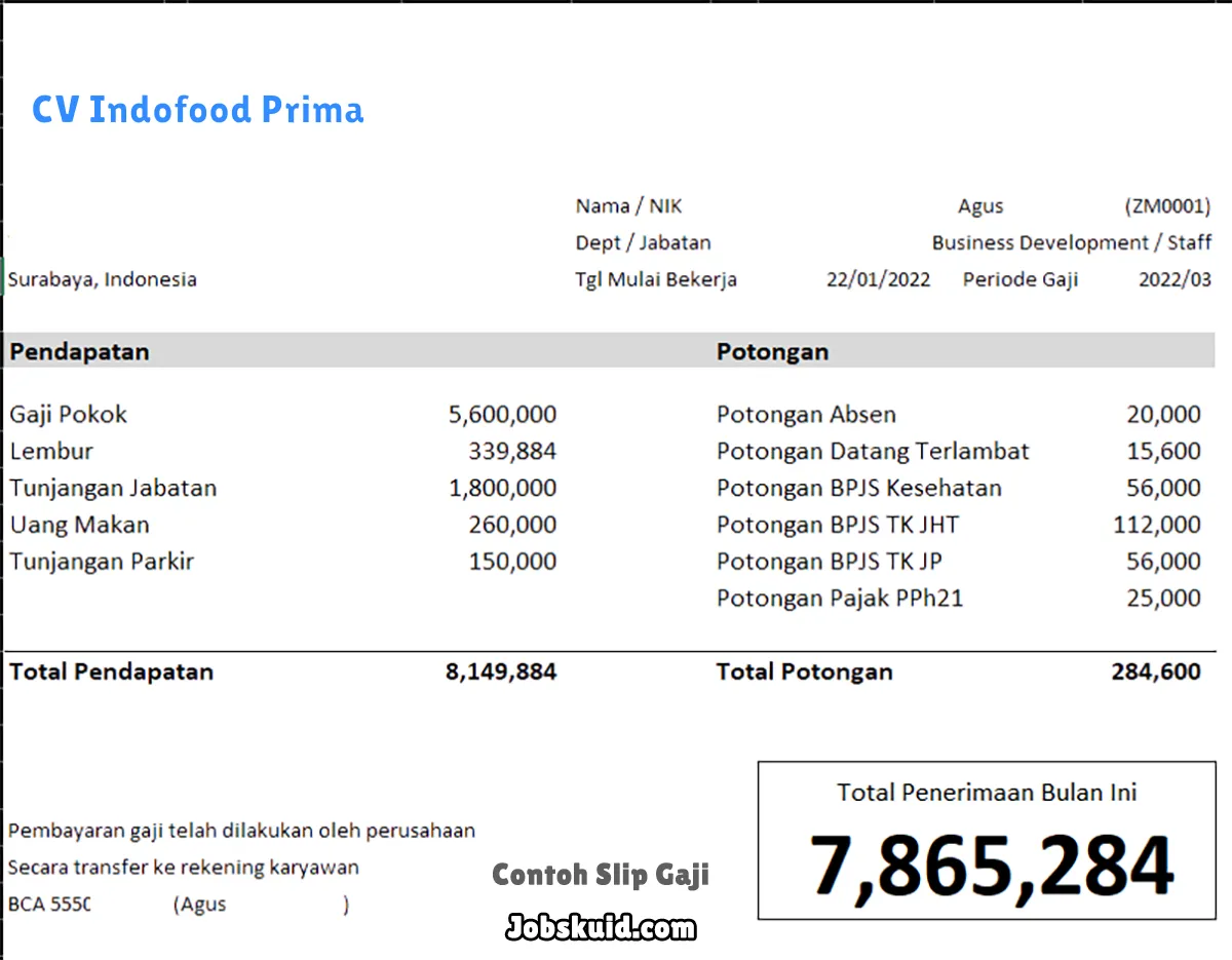 Slip Gaji CV Indofood Prima