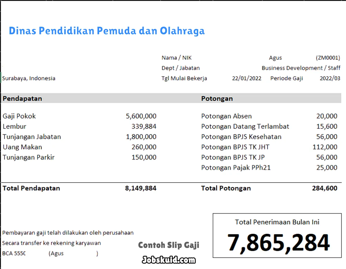 Slip Gaji Dinas Pendidikan Pemuda dan Olahraga