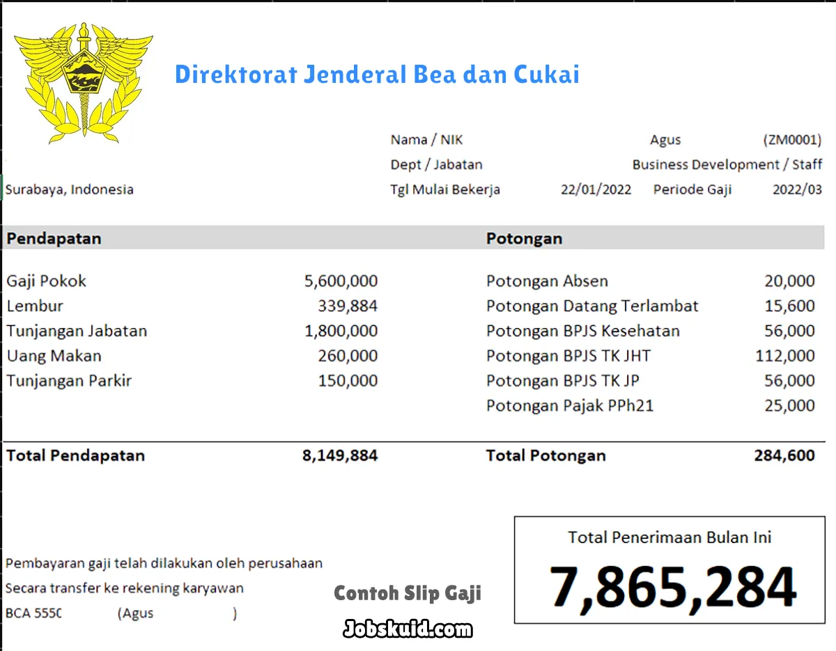 Slip Gaji Direktorat Jenderal Bea dan Cukai