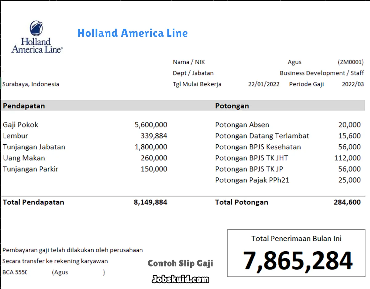 Slip Gaji Holland America Line