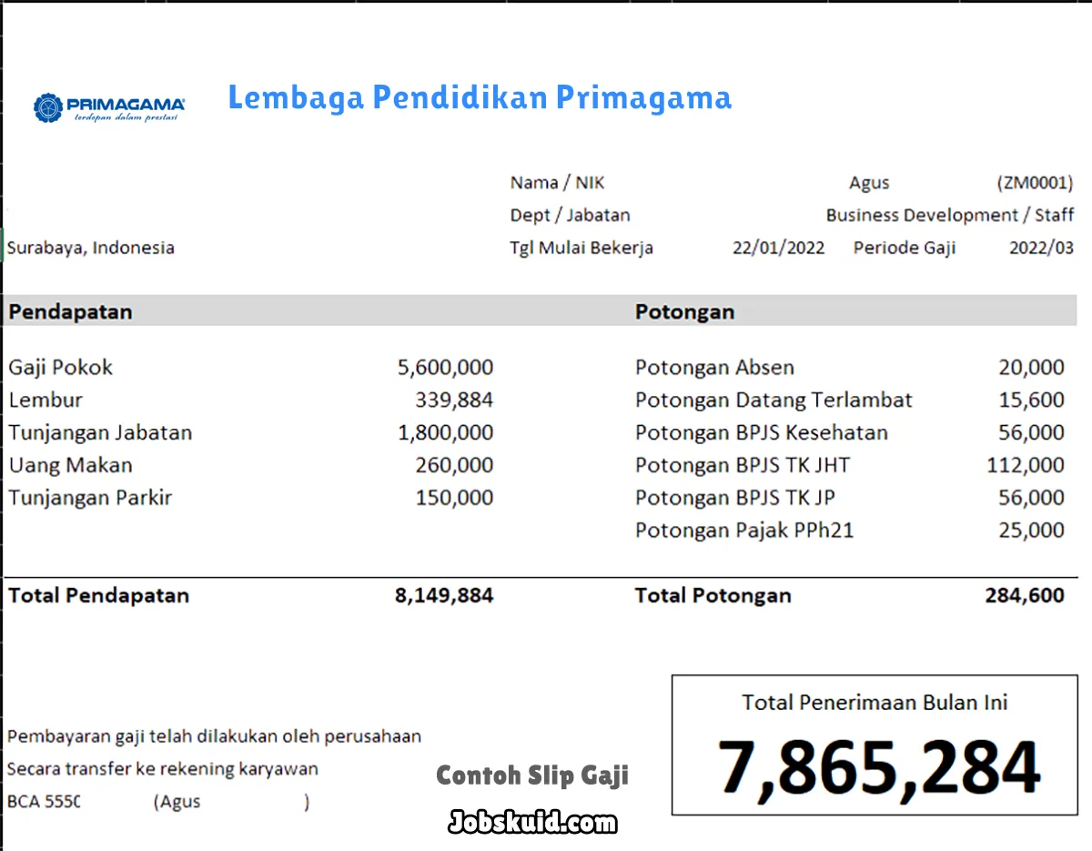 Slip Gaji Lembaga Pendidikan Primagama