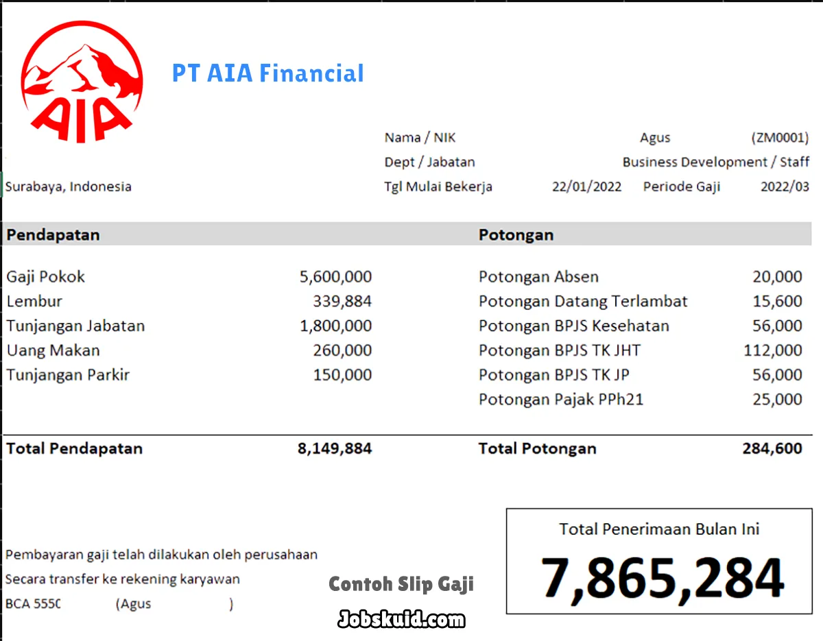 Slip Gaji PT AIA Financial