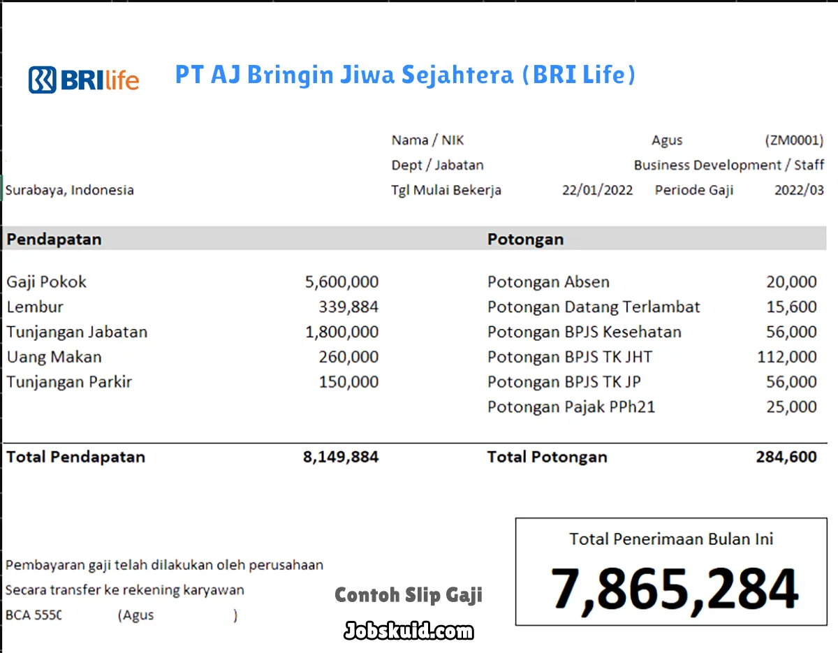 Slip Gaji PT AJ Bringin Jiwa Sejahtera (BRI Life)