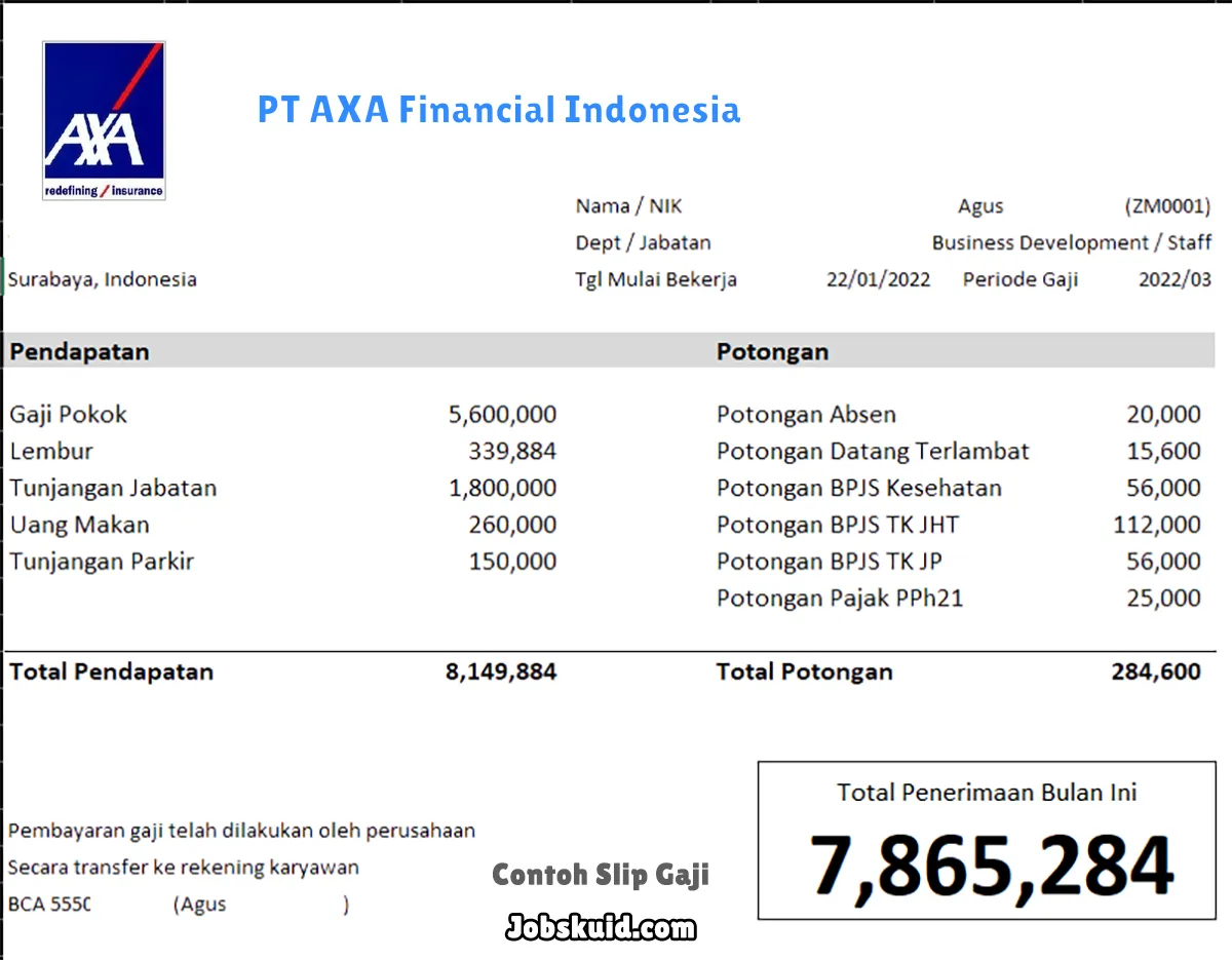 Slip Gaji PT AXA Financial Indonesia