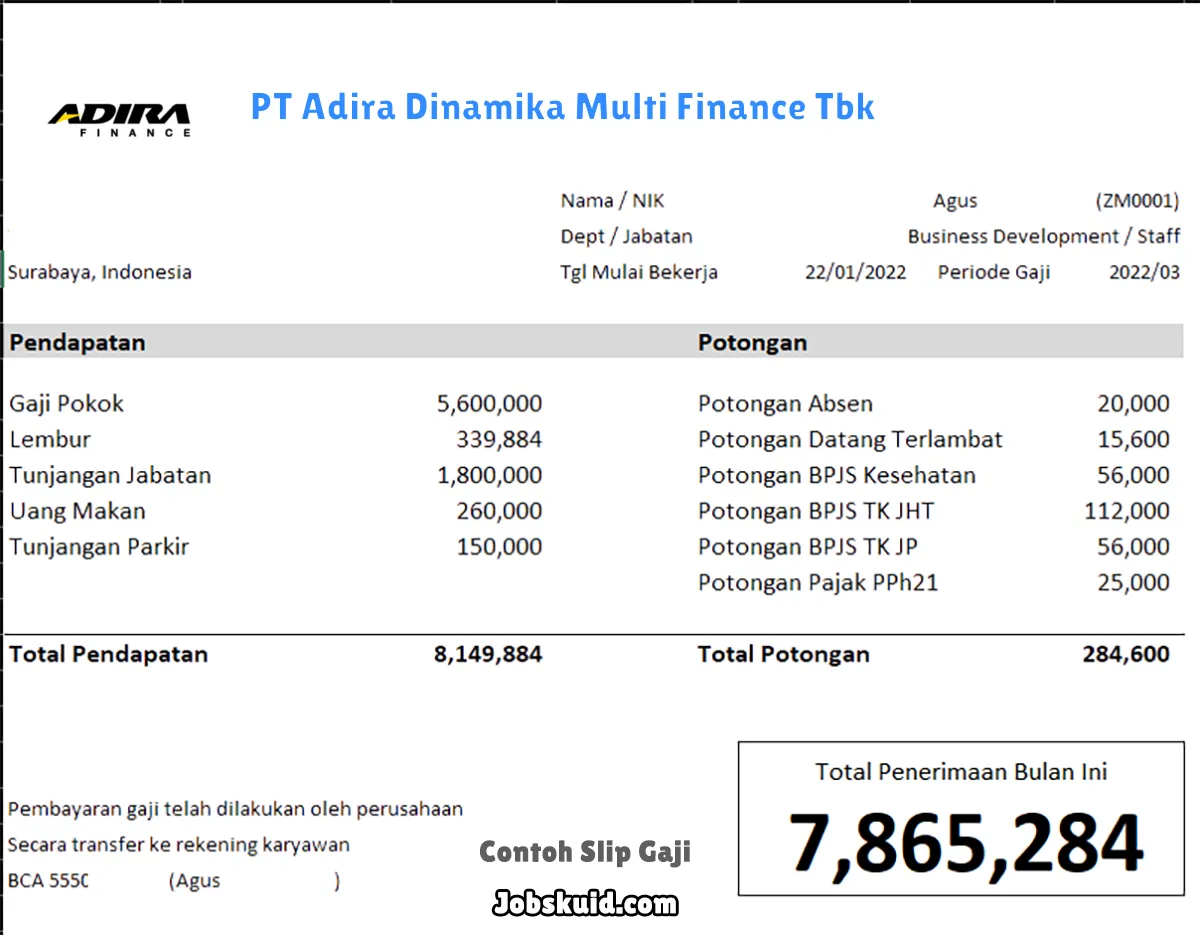 Slip Gaji PT Adira Dinamika Multi Finance Tbk