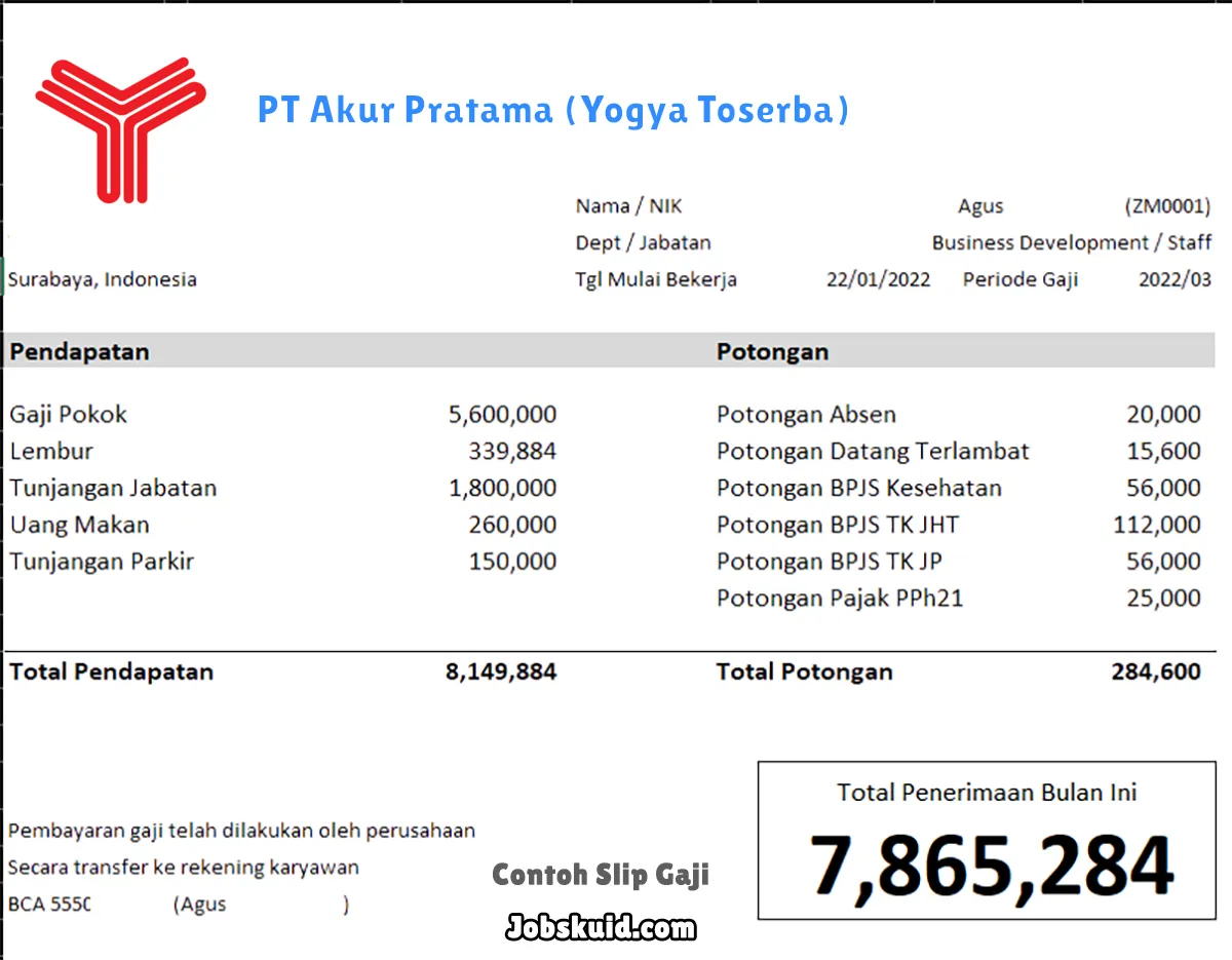 Slip Gaji PT Akur Pratama (Yogya Toserba)