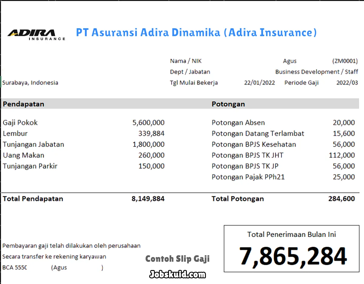 Slip Gaji PT Asuransi Adira Dinamika (Adira Insurance)