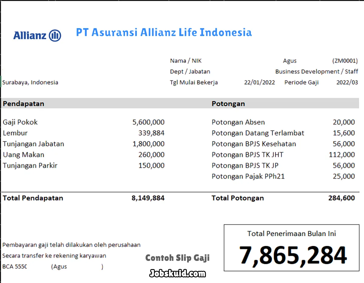 Slip Gaji PT Asuransi Allianz Life Indonesia