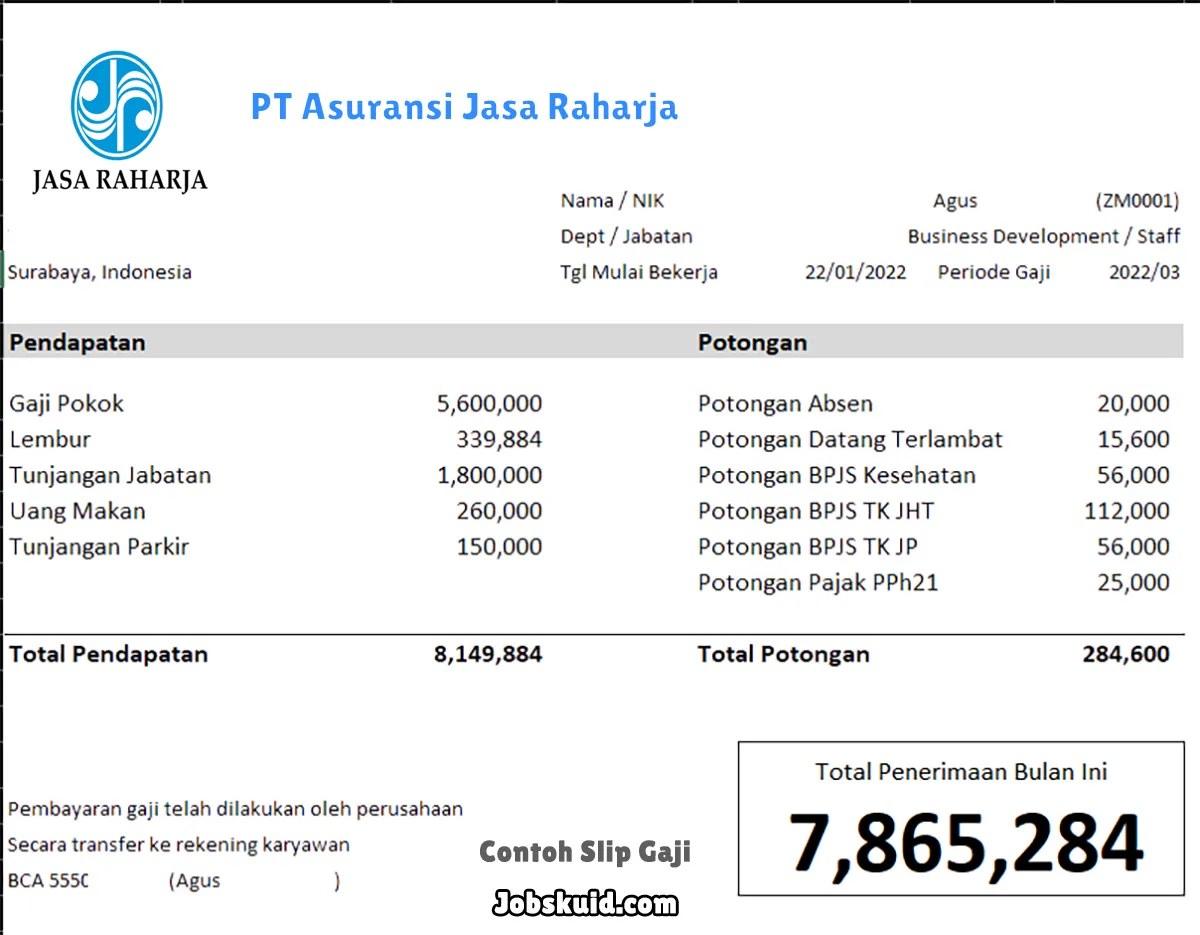 Slip Gaji PT Asuransi Jasa Raharja