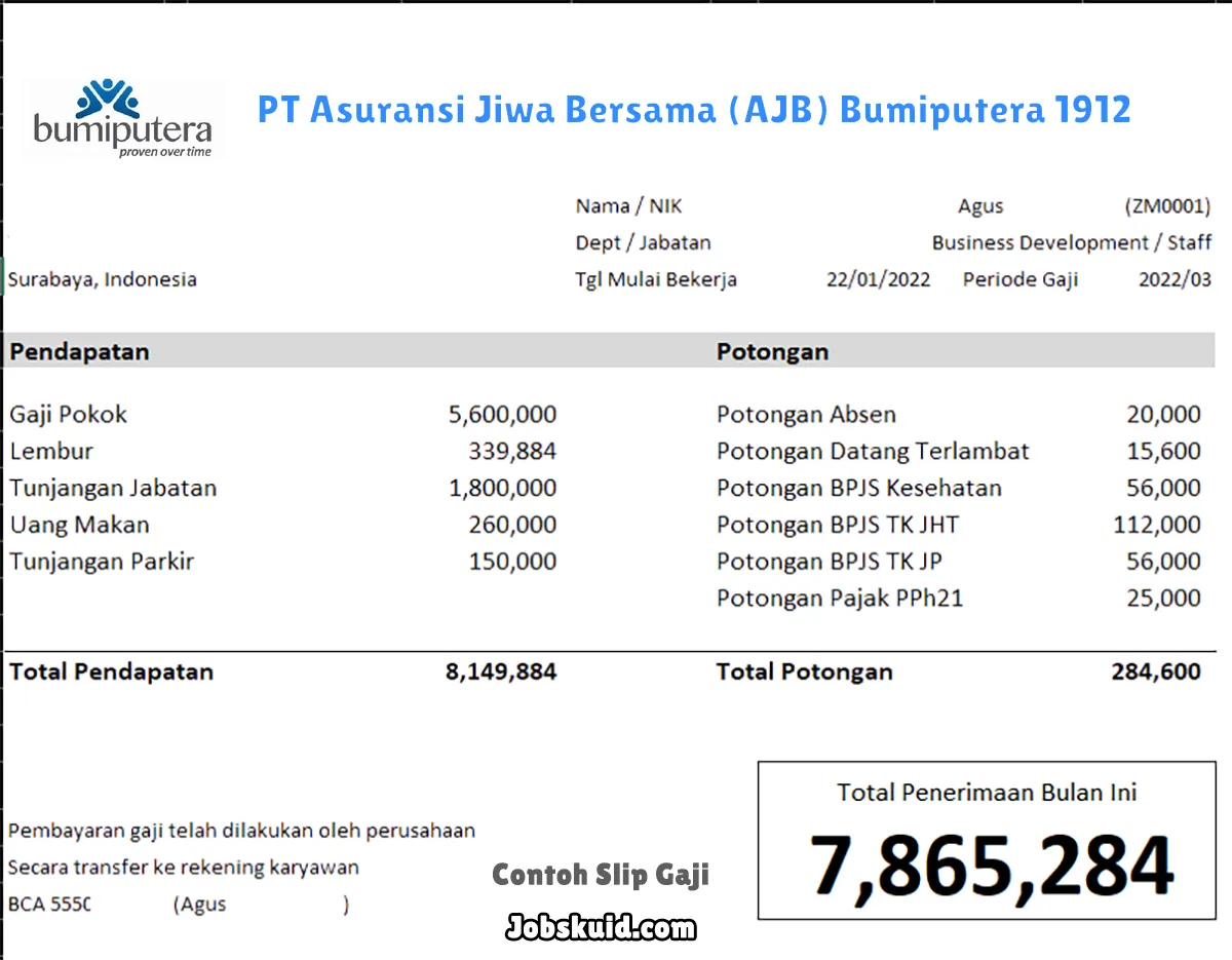 Slip Gaji PT Asuransi Jiwa Bersama (AJB) Bumiputera 1912