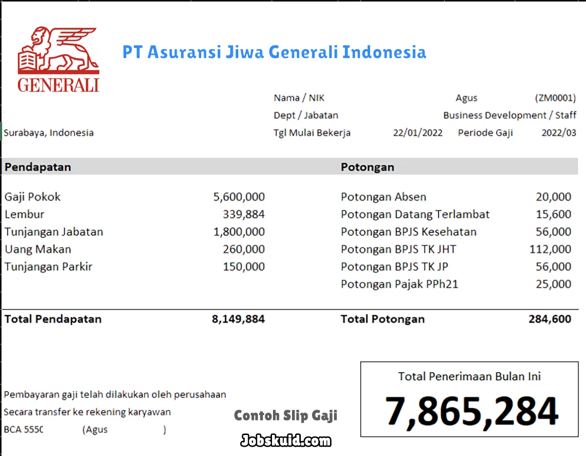 Slip Gaji PT Asuransi Jiwa Generali Indonesia