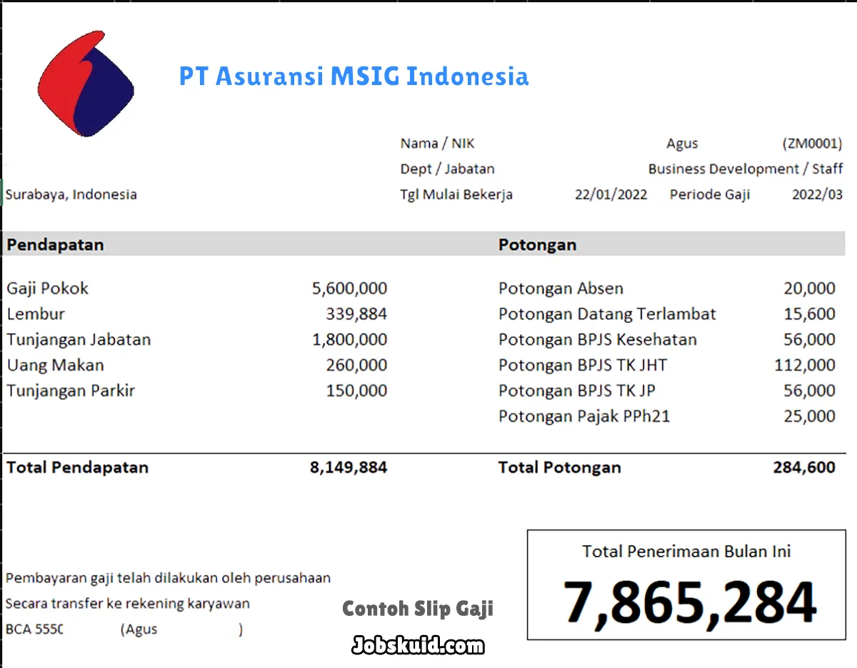 Slip Gaji PT Asuransi MSIG Indonesia