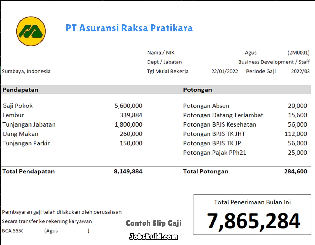 Slip Gaji PT Asuransi Raksa Pratikara