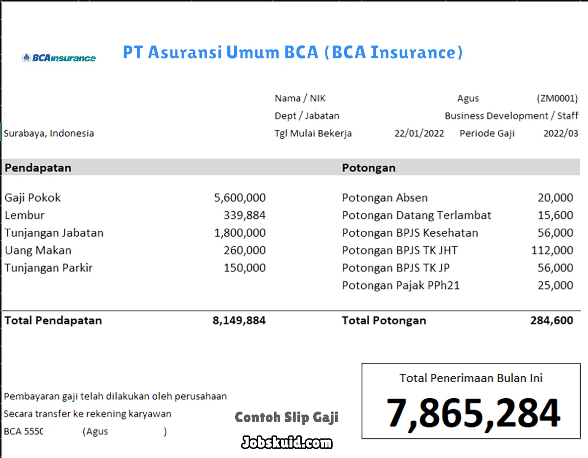 Slip Gaji PT Asuransi Umum BCA (BCA Insurance)