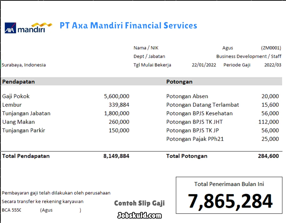 Slip Gaji PT Axa Mandiri Financial Services