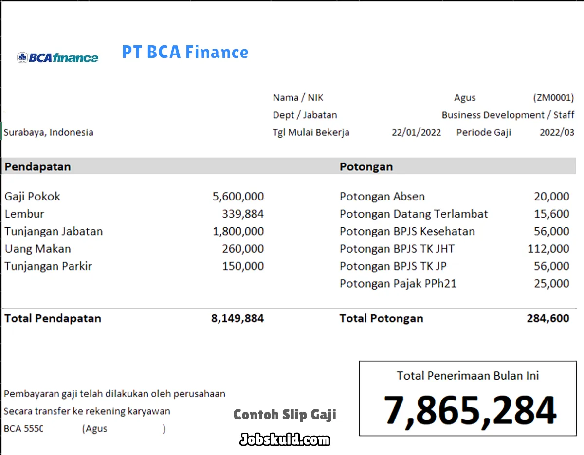 Slip Gaji PT BCA Finance