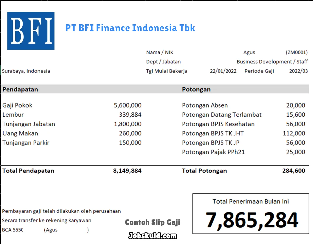 Slip Gaji PT BFI Finance Indonesia Tbk