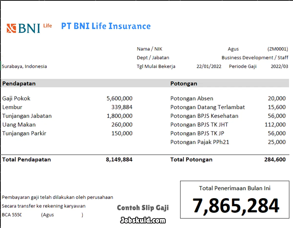 Slip Gaji PT BNI Life Insurance