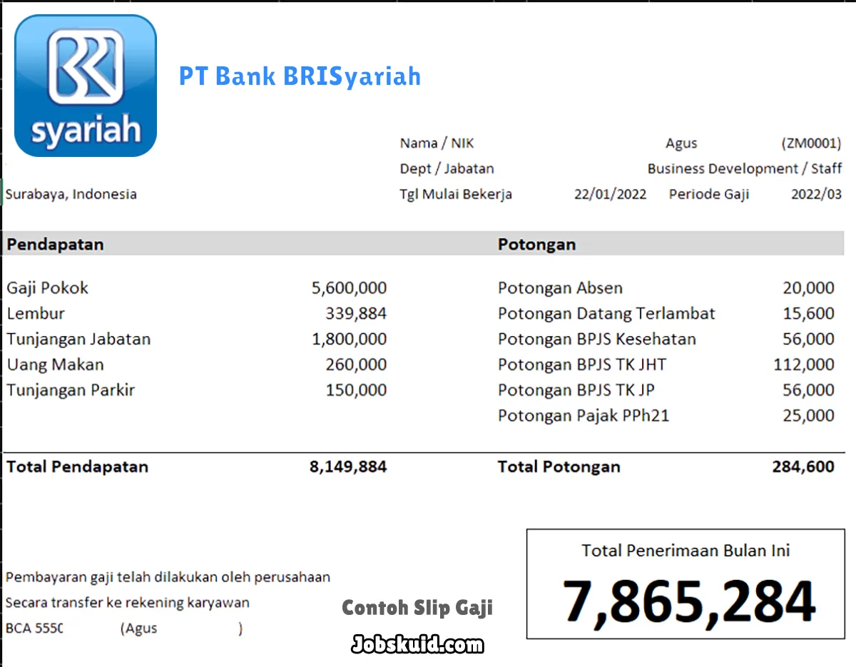 Slip Gaji PT Bank BRISyariah