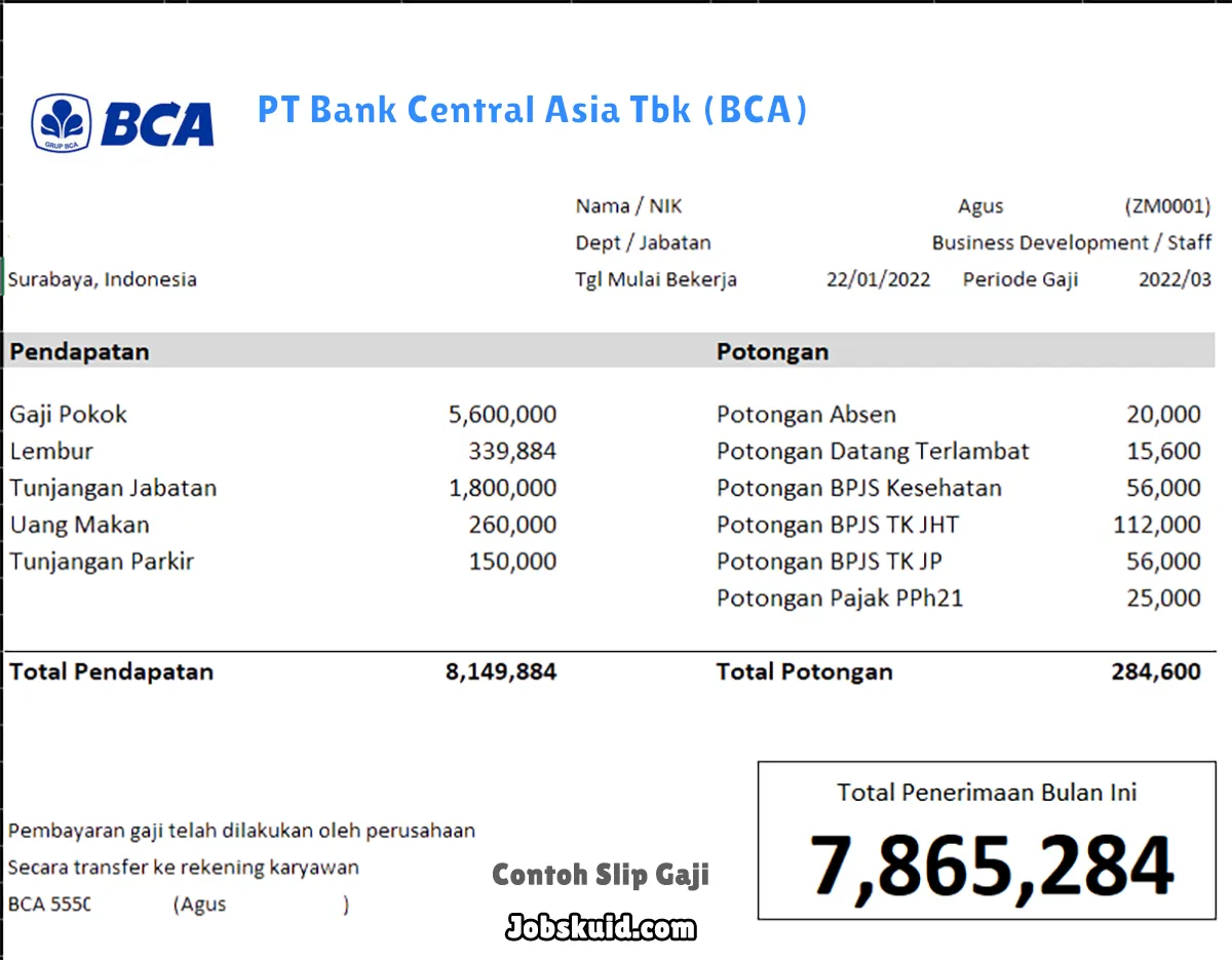 Slip Gaji PT Bank Central Asia Tbk (BCA)