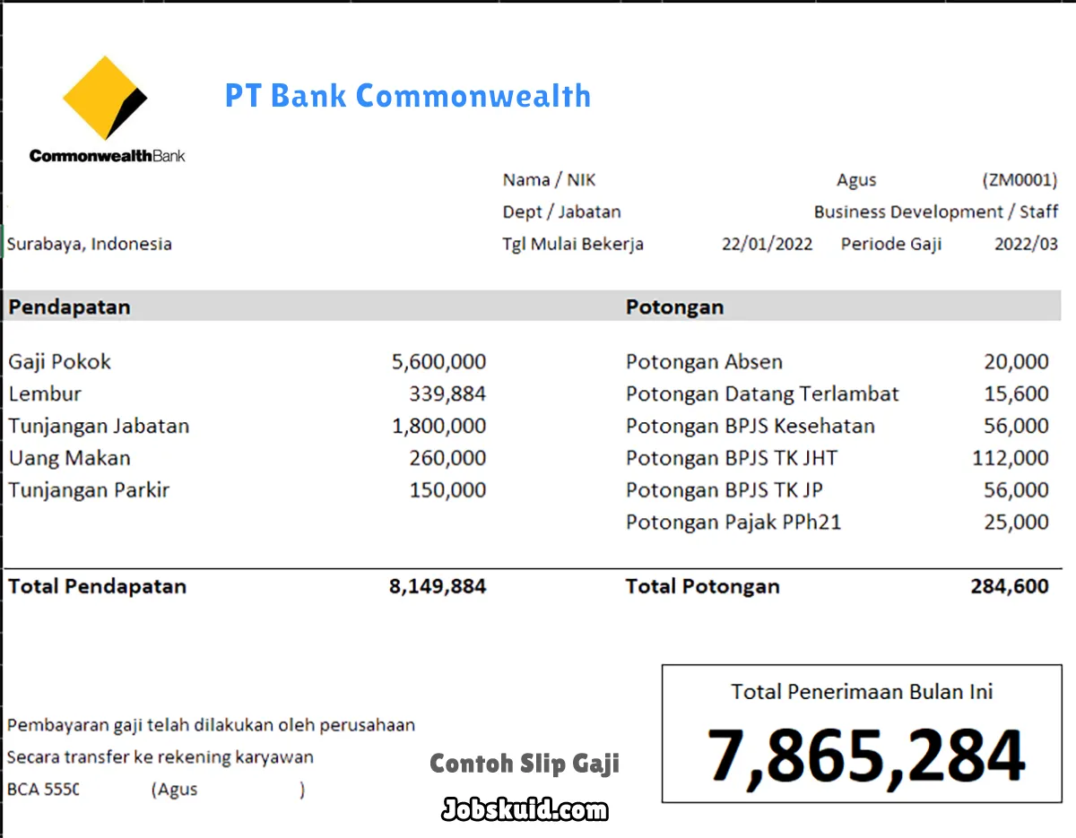 Slip Gaji PT Bank Commonwealth