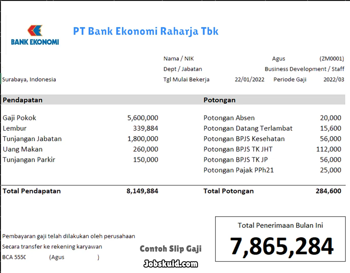 Slip Gaji PT Bank Ekonomi Raharja Tbk