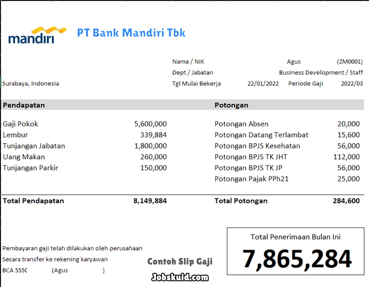 Slip Gaji PT Bank Mandiri Tbk