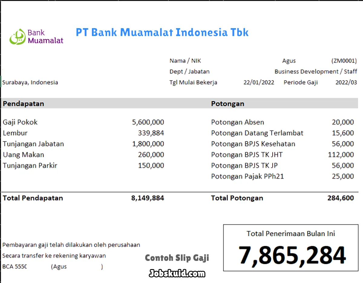 Slip Gaji PT Bank Muamalat Indonesia Tbk