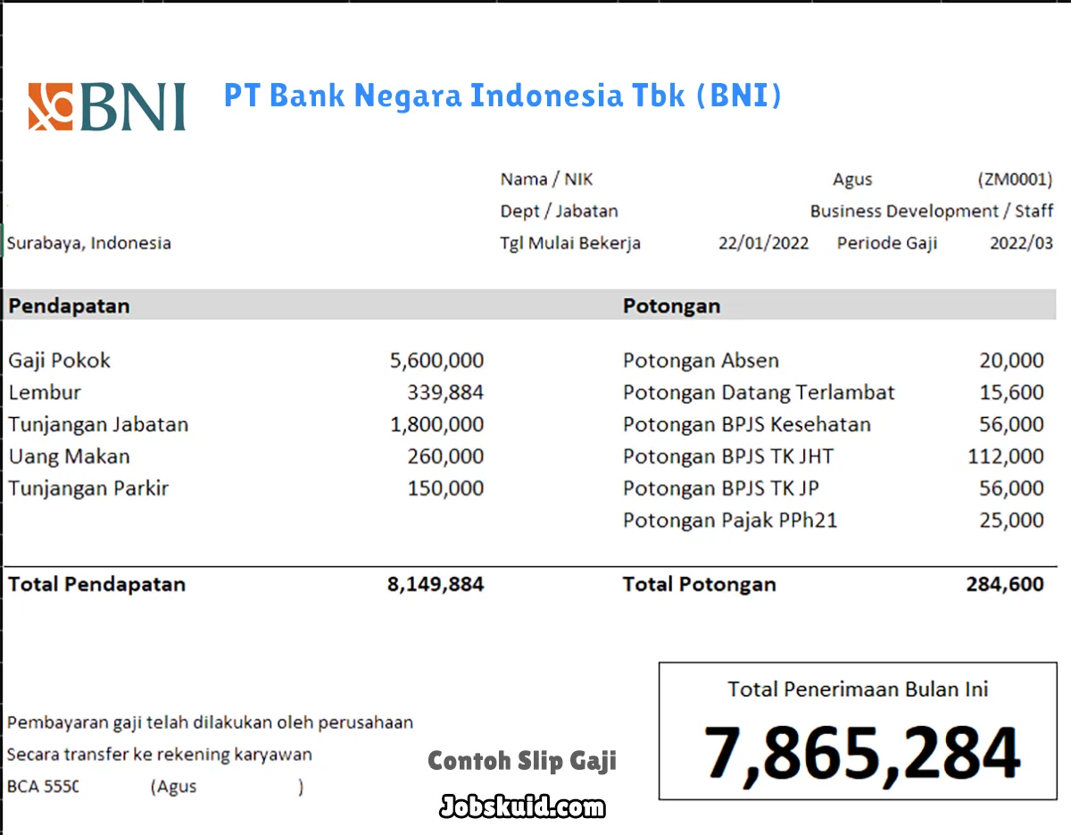 Slip Gaji PT Bank Negara Indonesia Tbk (BNI)