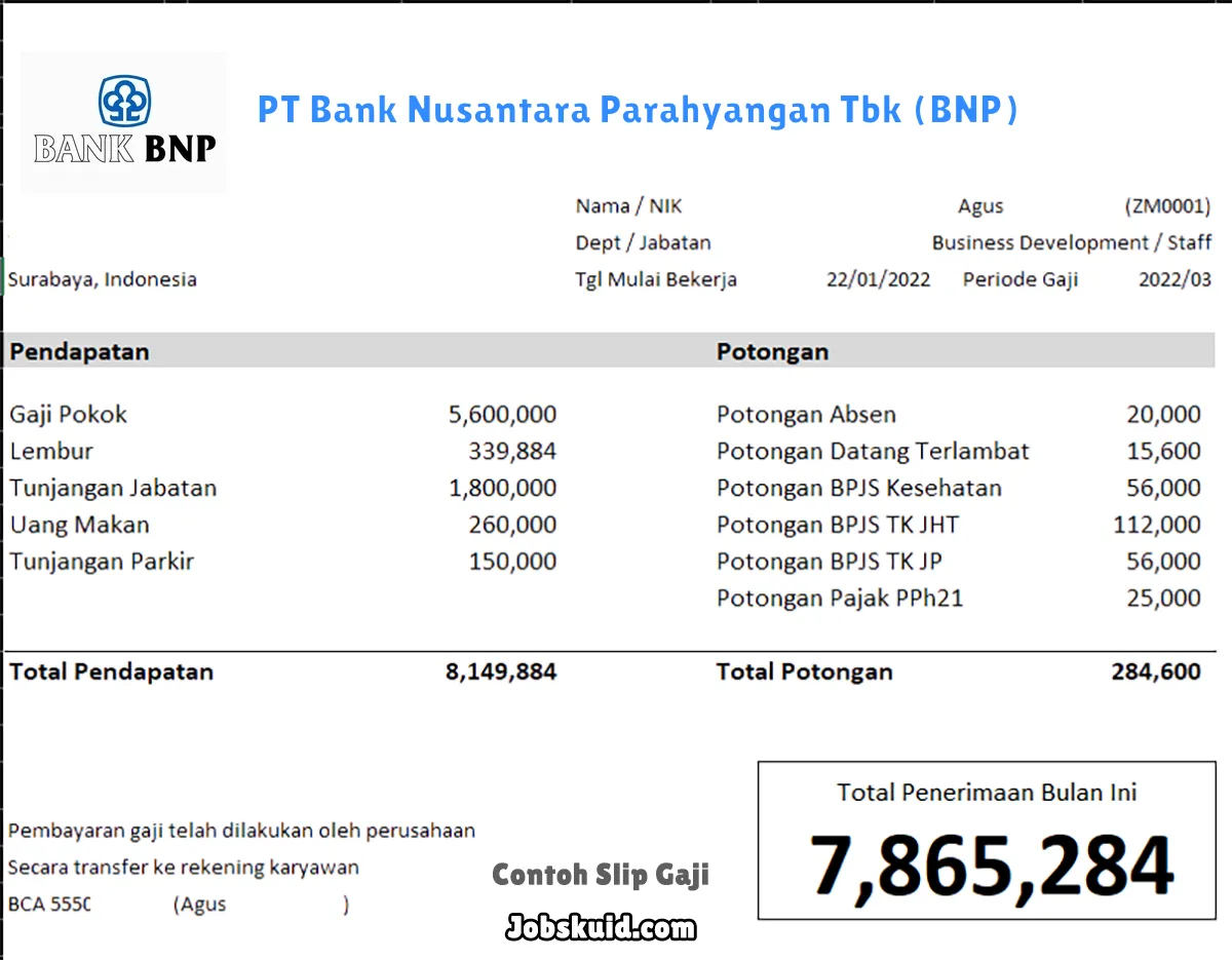 Slip Gaji PT Bank Nusantara Parahyangan Tbk (BNP)