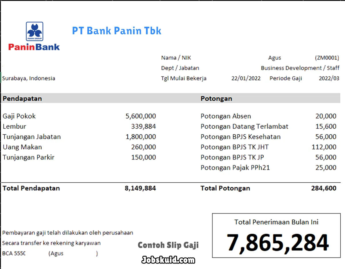 Slip Gaji PT Bank Panin Tbk