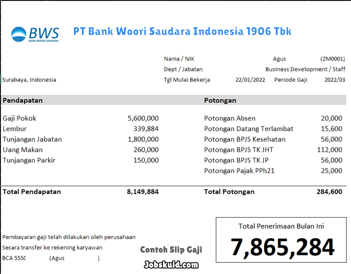 Slip Gaji PT Bank Woori Saudara Indonesia 1906 Tbk