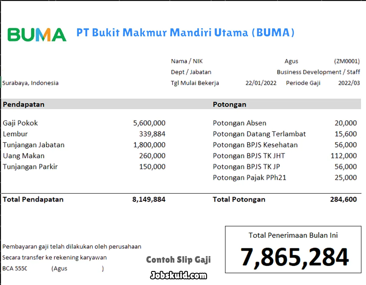 Slip Gaji PT Bukit Makmur Mandiri Utama (BUMA)