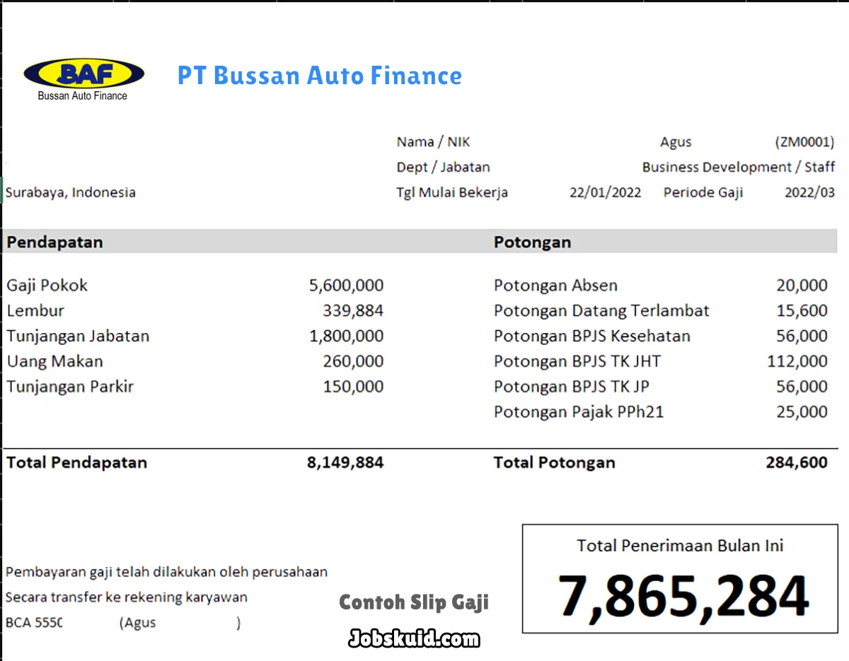 Slip Gaji PT Bussan Auto Finance