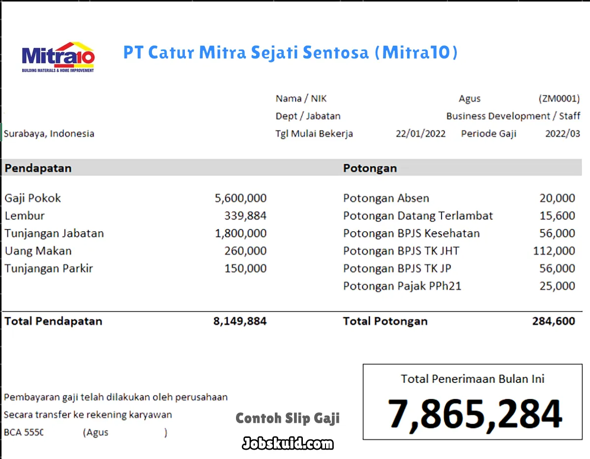 Slip Gaji PT Catur Mitra Sejati Sentosa (Mitra10)