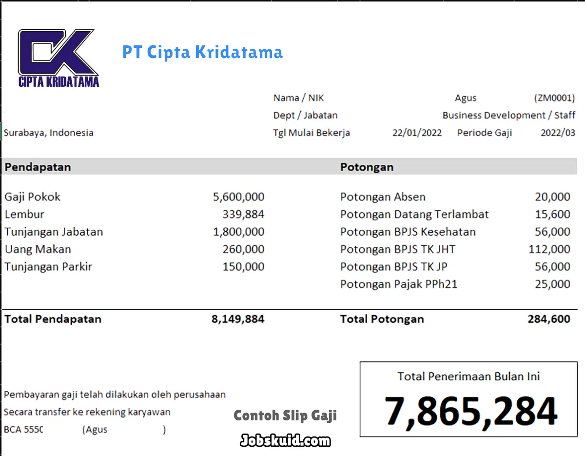 Slip Gaji PT Cipta Kridatama