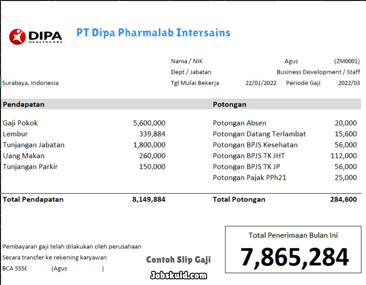 Slip Gaji PT Dipa Pharmalab Intersains