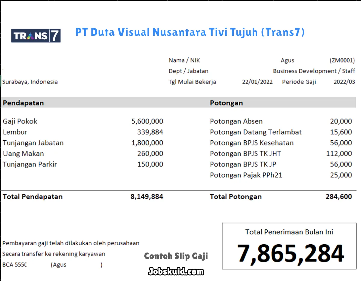 Slip Gaji PT Duta Visual Nusantara Tivi Tujuh (Trans7)