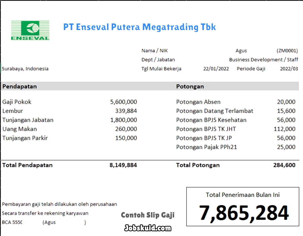 Slip Gaji PT Enseval Putera Megatrading Tbk