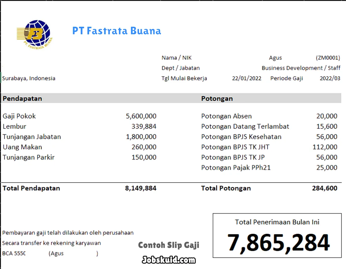 Slip Gaji PT Fastrata Buana