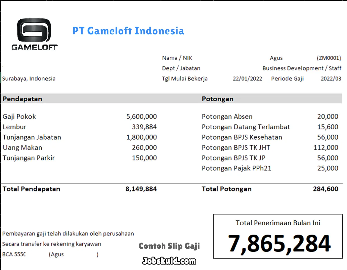 Slip Gaji PT Gameloft Indonesia