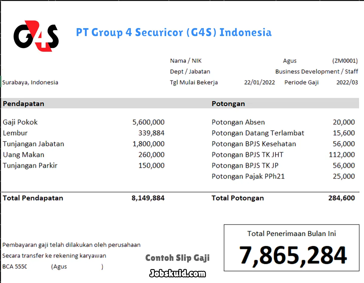 Slip Gaji PT Group 4 Securicor (G4S) Indonesia