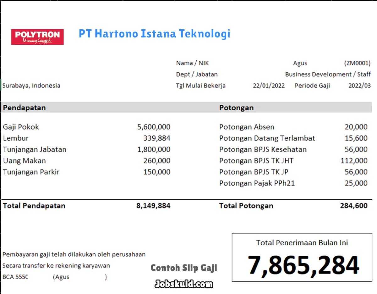 Slip Gaji PT Hartono Istana Teknologi