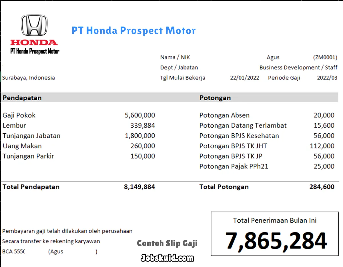 Slip Gaji PT Honda Prospect Motor