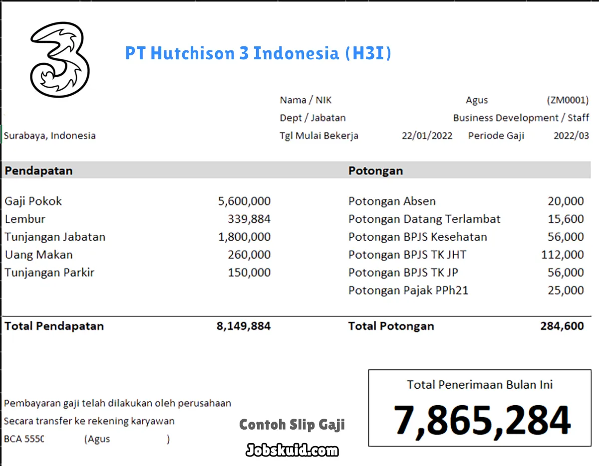 Slip Gaji PT Hutchison 3 Indonesia (H3I)