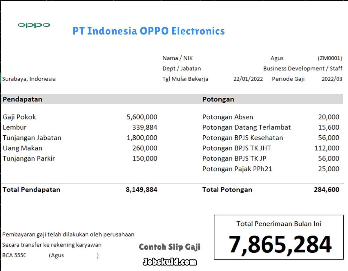 Slip Gaji PT Indonesia OPPO Electronics