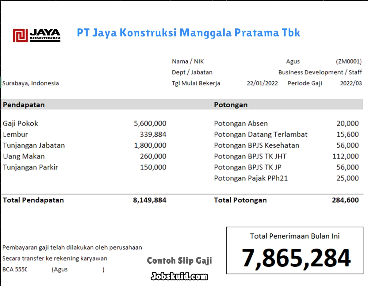 Slip Gaji PT Jaya Konstruksi Manggala Pratama Tbk