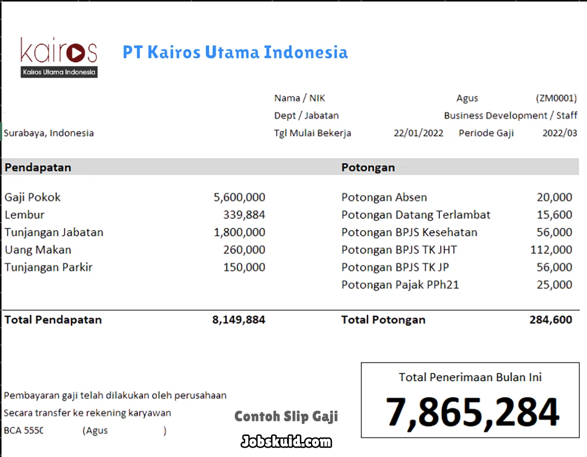 Slip Gaji PT Kairos Utama Indonesia